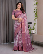 Plum Purple Handloom Linen Saree with Zigzag & Floral Motifs | Zari Border & Tassels | 5.5m Saree + 0.8m Blouse Piece