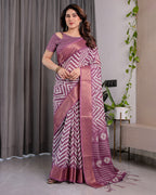 Plum Purple Handloom Linen Saree with Zigzag & Floral Motifs | Zari Border & Tassels | 5.5m Saree + 0.8m Blouse Piece