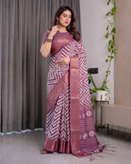 Plum Purple Handloom Linen Saree with Zigzag & Floral Motifs | Zari Border & Tassels | 5.5m Saree + 0.8m Blouse Piece
