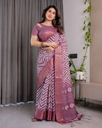 Plum Purple Handloom Linen Saree with Zigzag & Floral Motifs | Zari Border & Tassels | 5.5m Saree + 0.8m Blouse Piece