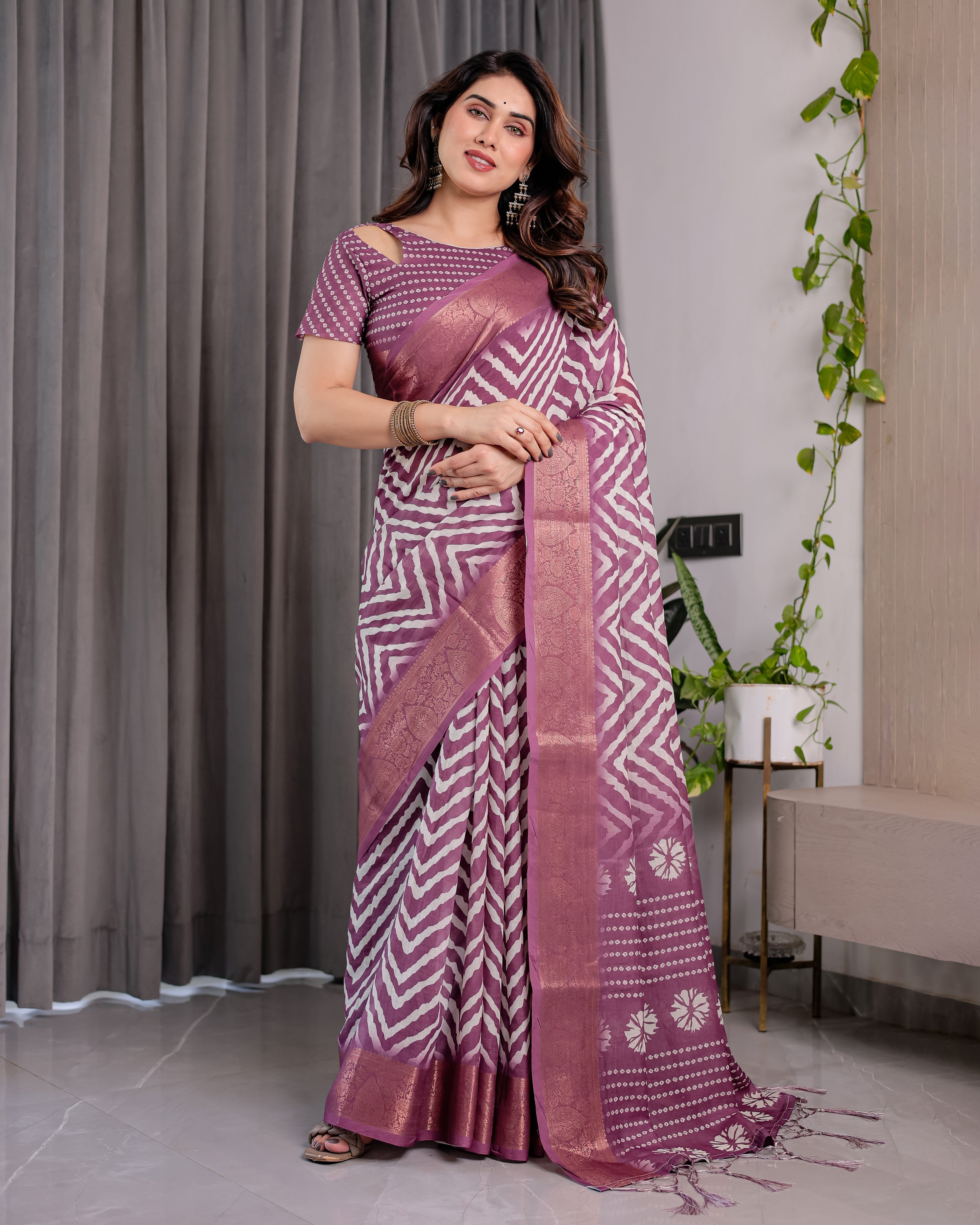 Plum Purple Handloom Linen Saree with Zigzag & Floral Motifs | Zari Border & Tassels | 5.5m Saree + 0.8m Blouse Piece