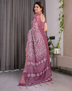 Plum Purple Handloom Linen Saree with Zigzag & Floral Motifs | Zari Border & Tassels | 5.5m Saree + 0.8m Blouse Piece