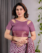 Plum Purple Handloom Linen Saree with Zigzag & Floral Motifs | Zari Border & Tassels | 5.5m Saree + 0.8m Blouse Piece