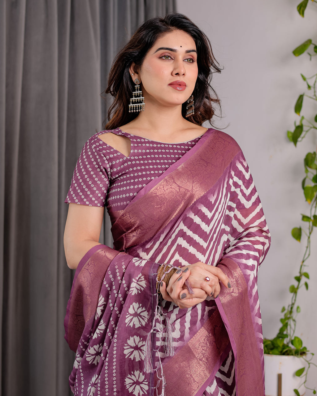 Plum Purple Handloom Linen Saree with Zigzag & Floral Motifs | Zari Border & Tassels | 5.5m Saree + 0.8m Blouse Piece