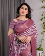 Plum Purple Handloom Linen Saree with Zigzag & Floral Motifs | Zari Border & Tassels | 5.5m Saree + 0.8m Blouse Piece