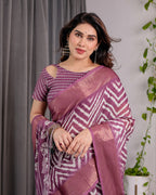 Plum Purple Handloom Linen Saree with Zigzag & Floral Motifs | Zari Border & Tassels | 5.5m Saree + 0.8m Blouse Piece