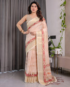 Blush Beige Handloom Linen Saree with Zigzag Weave & Floral Pallu | Zari Border & Tassels | 5.5m Saree + 0.8m Blouse