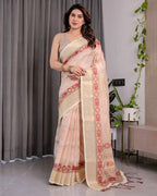 Blush Beige Handloom Linen Saree with Zigzag Weave & Floral Pallu | Zari Border & Tassels | 5.5m Saree + 0.8m Blouse