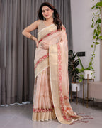 Blush Beige Handloom Linen Saree with Zigzag Weave & Floral Pallu | Zari Border & Tassels | 5.5m Saree + 0.8m Blouse