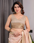 Blush Beige Handloom Linen Saree with Zigzag Weave & Floral Pallu | Zari Border & Tassels | 5.5m Saree + 0.8m Blouse