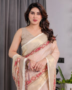 Blush Beige Handloom Linen Saree with Zigzag Weave & Floral Pallu | Zari Border & Tassels | 5.5m Saree + 0.8m Blouse