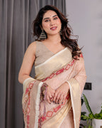 Blush Beige Handloom Linen Saree with Zigzag Weave & Floral Pallu | Zari Border & Tassels | 5.5m Saree + 0.8m Blouse