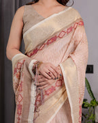 Blush Beige Handloom Linen Saree with Zigzag Weave & Floral Pallu | Zari Border & Tassels | 5.5m Saree + 0.8m Blouse