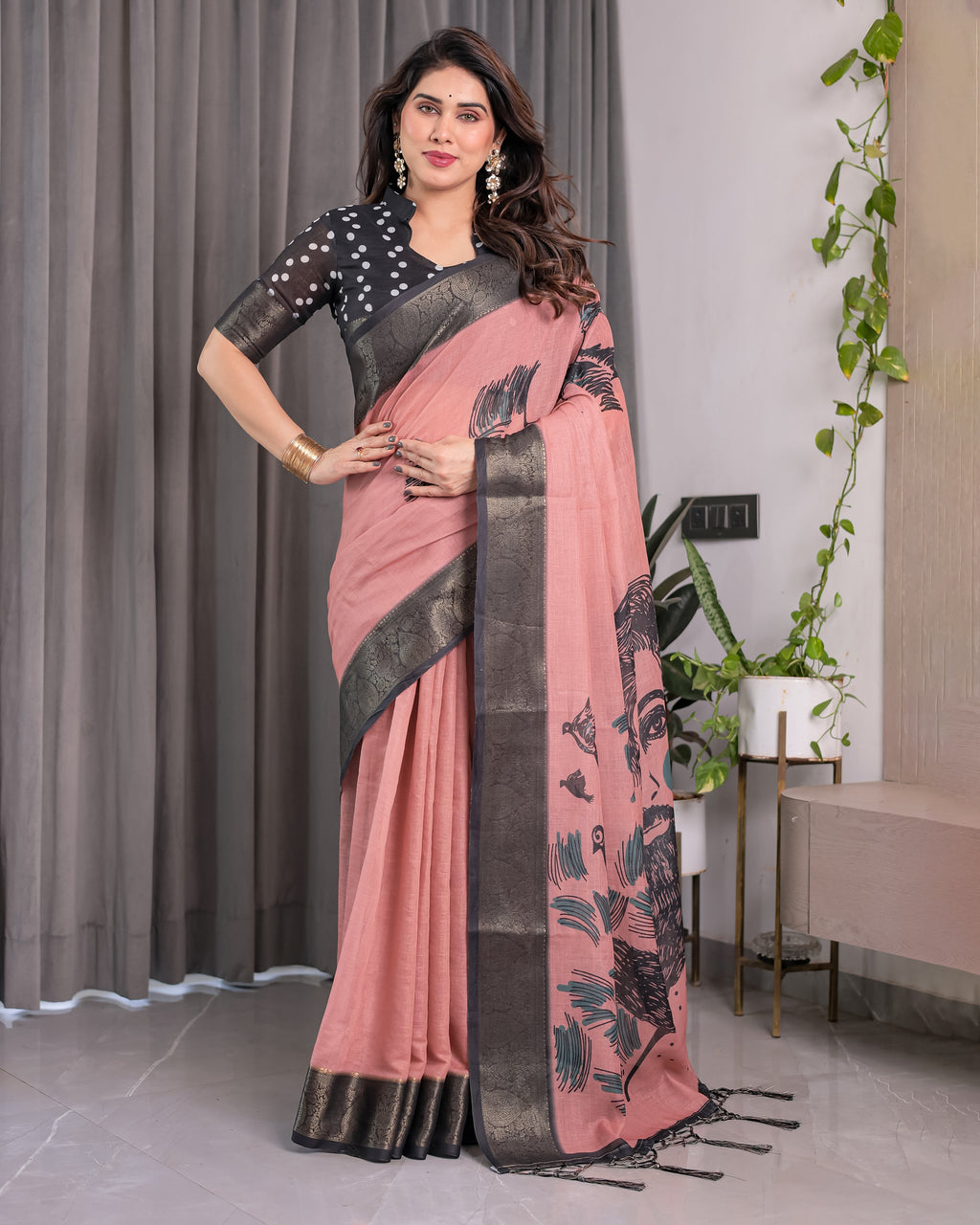 Blush Pink Handloom Linen Saree with Artistic Bearded Face Pallu Print & Black Zari Border | Attached Blouse | 5.5m Saree + 0.8m Blouse