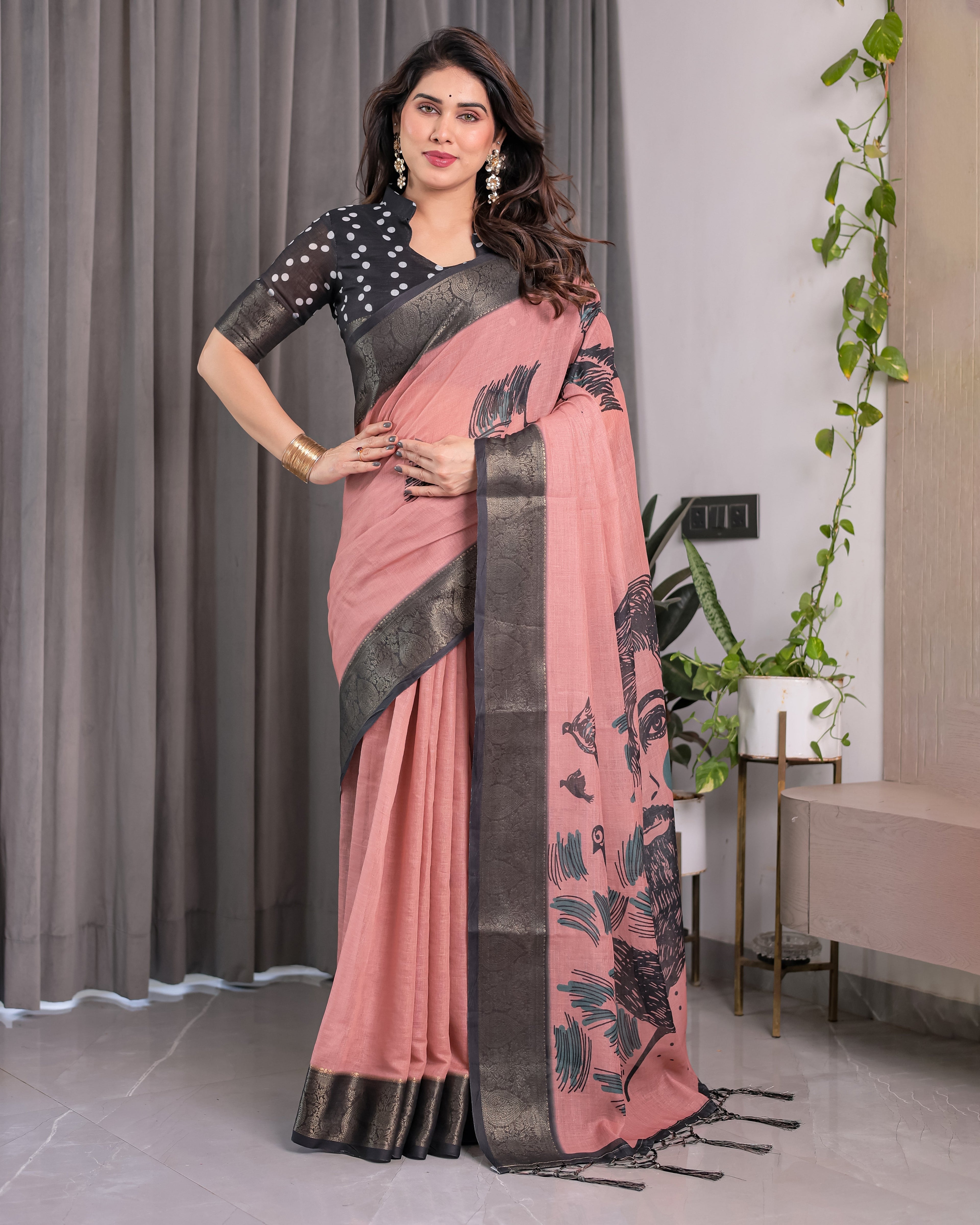 Blush Pink Handloom Linen Saree with Artistic Bearded Face Pallu Print & Black Zari Border | Attached Blouse | 5.5m Saree + 0.8m Blouse
