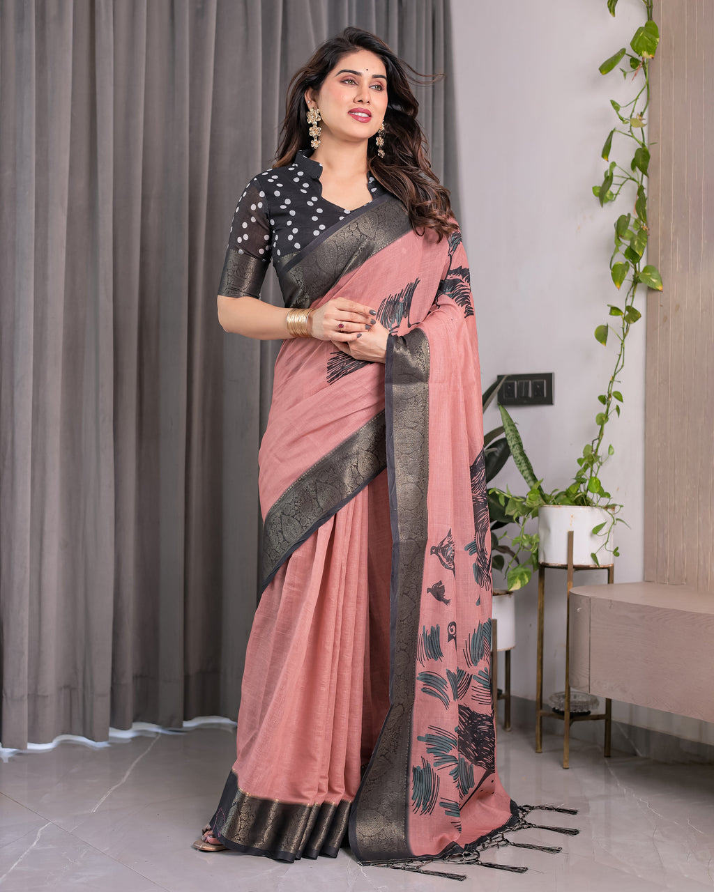 Blush Pink Handloom Linen Saree with Artistic Bearded Face Pallu Print & Black Zari Border | Attached Blouse | 5.5m Saree + 0.8m Blouse