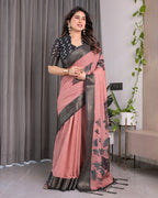 Blush Pink Handloom Linen Saree with Artistic Bearded Face Pallu Print & Black Zari Border | Attached Blouse | 5.5m Saree + 0.8m Blouse