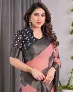 Blush Pink Handloom Linen Saree with Artistic Bearded Face Pallu Print & Black Zari Border | Attached Blouse | 5.5m Saree + 0.8m Blouse