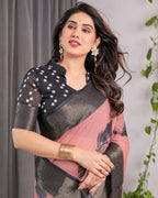 Blush Pink Handloom Linen Saree with Artistic Bearded Face Pallu Print & Black Zari Border | Attached Blouse | 5.5m Saree + 0.8m Blouse