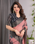 Blush Pink Handloom Linen Saree with Artistic Bearded Face Pallu Print & Black Zari Border | Attached Blouse | 5.5m Saree + 0.8m Blouse