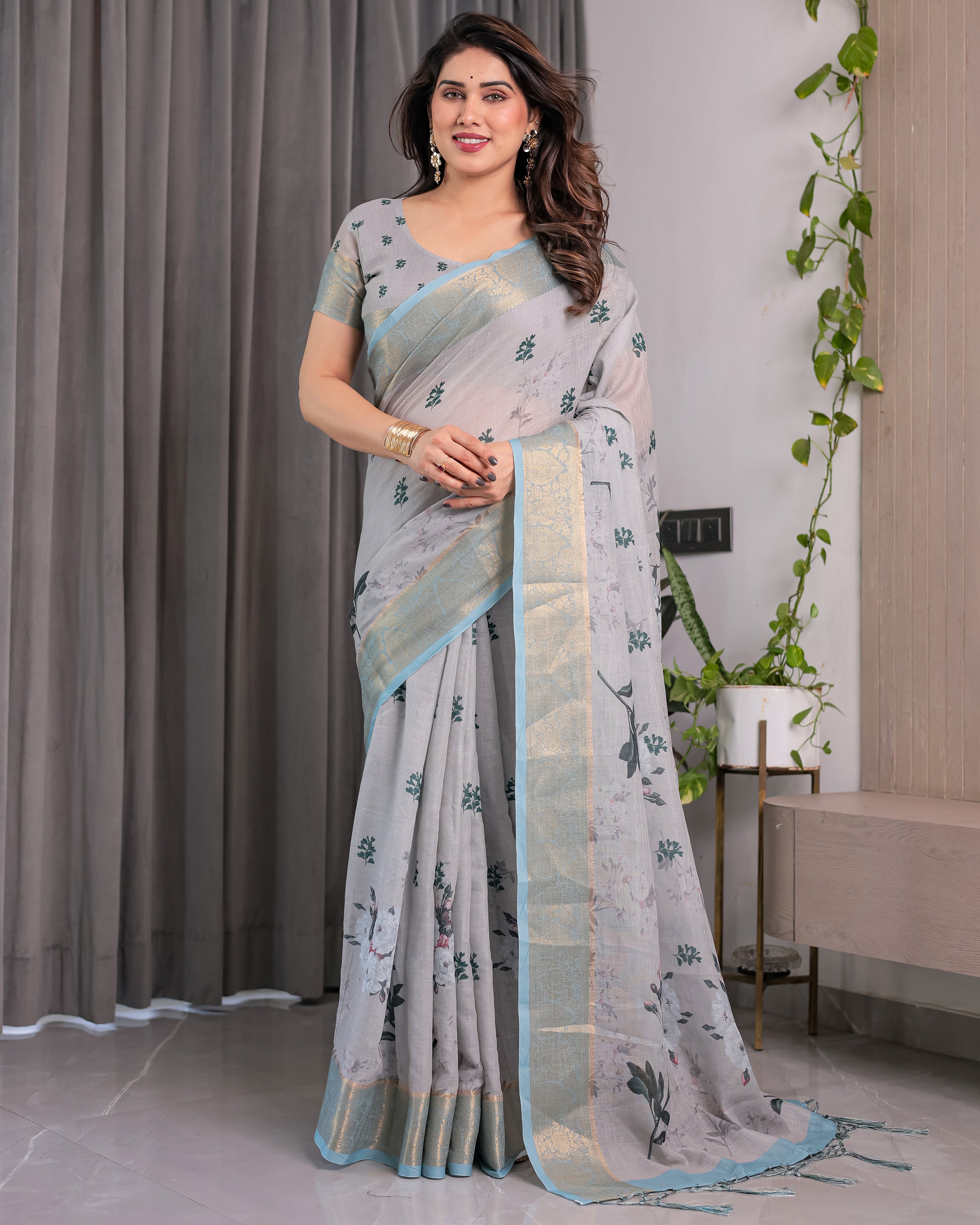 Elegant Ice Grey Handloom Linen Saree with Floral Print, Gold Zari Border & Tassel Detailing | Attached Blouse Piece | 5.5m Saree + 0.8m Blouse