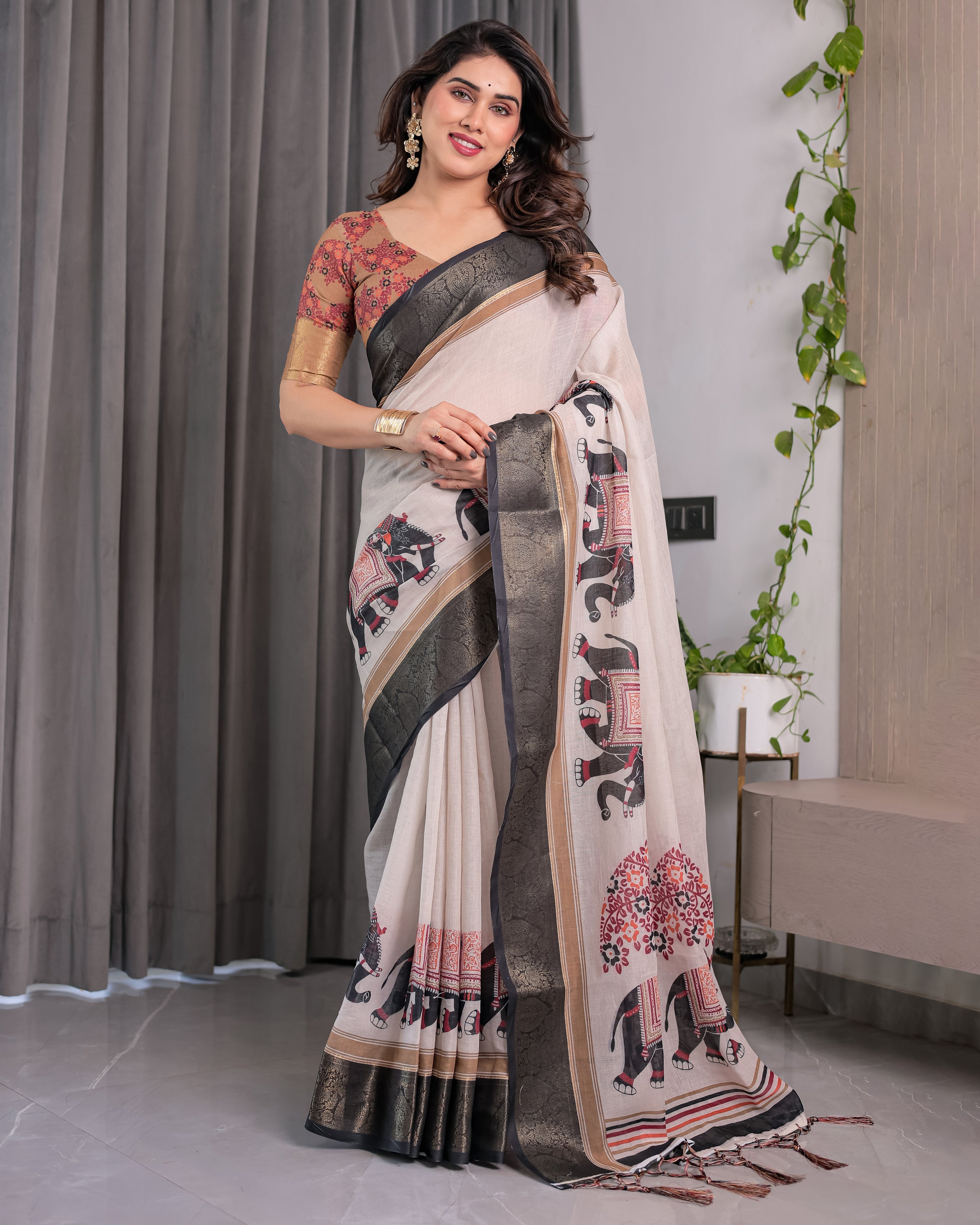 Ivory Handloom Linen Saree with Elephant Parade Print, Tree Motifs & Antique Zari Border | Tassel Finish | Attached Blouse | 5.5m Saree + 0.8m Blouse
