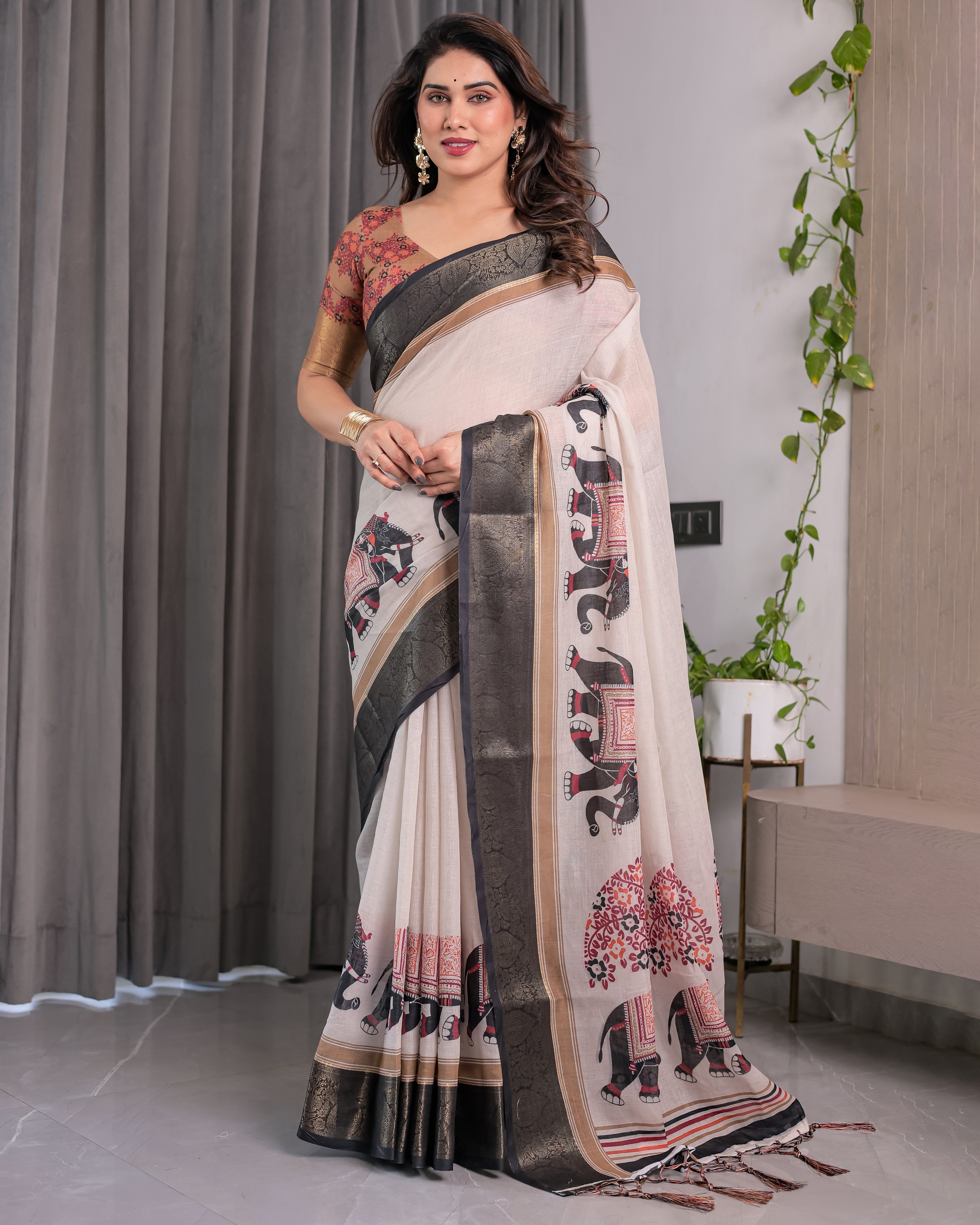 Ivory Handloom Linen Saree with Elephant Parade Print, Tree Motifs & Antique Zari Border | Tassel Finish | Attached Blouse | 5.5m Saree + 0.8m Blouse