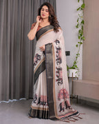 Ivory Handloom Linen Saree with Elephant Parade Print, Tree Motifs & Antique Zari Border | Tassel Finish | Attached Blouse | 5.5m Saree + 0.8m Blouse