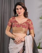 Ivory Handloom Linen Saree with Elephant Parade Print, Tree Motifs & Antique Zari Border | Tassel Finish | Attached Blouse | 5.5m Saree + 0.8m Blouse