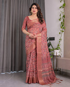 Rust Maroon Handloom Linen Saree with All-Over Floral Print & Ornate Traditional Pallu | Gold Zari Border & Tassel Finish | Attached Blouse | 5.5m Saree + 0.8m Blouse