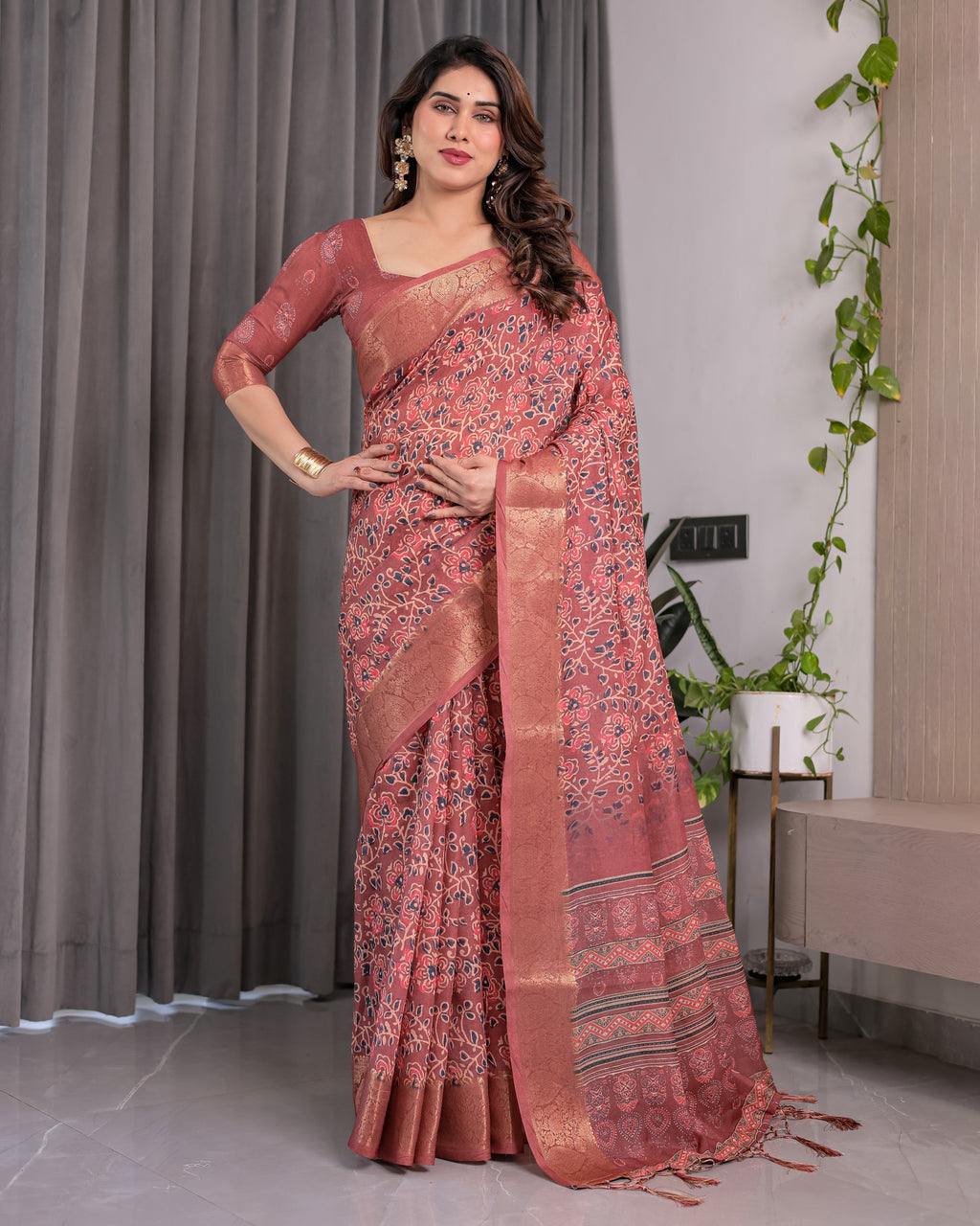 Rust Maroon Handloom Linen Saree with All-Over Floral Print & Ornate Traditional Pallu | Gold Zari Border & Tassel Finish | Attached Blouse | 5.5m Saree + 0.8m Blouse