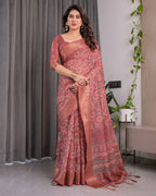 Rust Maroon Handloom Linen Saree with All-Over Floral Print & Ornate Traditional Pallu | Gold Zari Border & Tassel Finish | Attached Blouse | 5.5m Saree + 0.8m Blouse