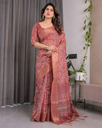 Rust Maroon Handloom Linen Saree with All-Over Floral Print & Ornate Traditional Pallu | Gold Zari Border & Tassel Finish | Attached Blouse | 5.5m Saree + 0.8m Blouse