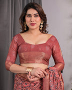 Rust Maroon Handloom Linen Saree with All-Over Floral Print & Ornate Traditional Pallu | Gold Zari Border & Tassel Finish | Attached Blouse | 5.5m Saree + 0.8m Blouse