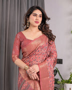 Rust Maroon Handloom Linen Saree with All-Over Floral Print & Ornate Traditional Pallu | Gold Zari Border & Tassel Finish | Attached Blouse | 5.5m Saree + 0.8m Blouse