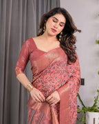 Rust Maroon Handloom Linen Saree with All-Over Floral Print & Ornate Traditional Pallu | Gold Zari Border & Tassel Finish | Attached Blouse | 5.5m Saree + 0.8m Blouse