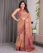 Multicolor Paisley Print Handloom Linen Saree with Traditional Rust Red Pallu & Gold Zari Border | Tassel Edging | Attached Blouse | 5.5m Saree + 0.8m Blouse