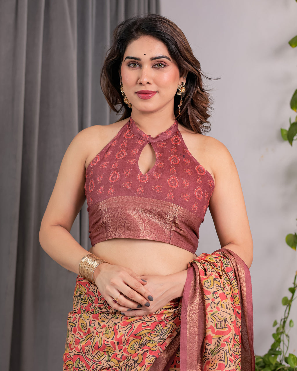 Multicolor Paisley Print Handloom Linen Saree with Traditional Rust Red Pallu & Gold Zari Border | Tassel Edging | Attached Blouse | 5.5m Saree + 0.8m Blouse