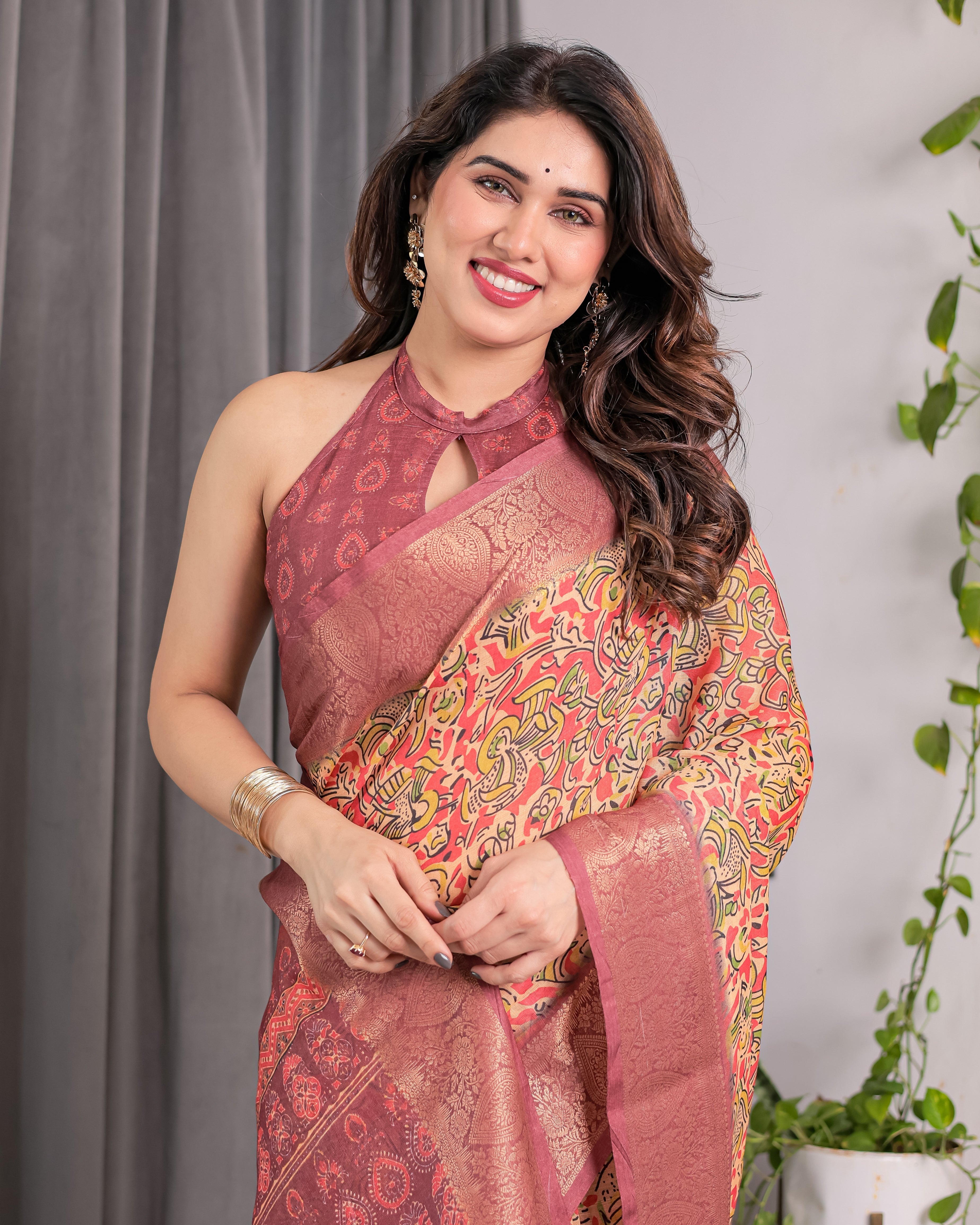 Multicolor Paisley Print Handloom Linen Saree with Traditional Rust Red Pallu & Gold Zari Border | Tassel Edging | Attached Blouse | 5.5m Saree + 0.8m Blouse