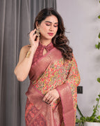 Multicolor Paisley Print Handloom Linen Saree with Traditional Rust Red Pallu & Gold Zari Border | Tassel Edging | Attached Blouse | 5.5m Saree + 0.8m Blouse