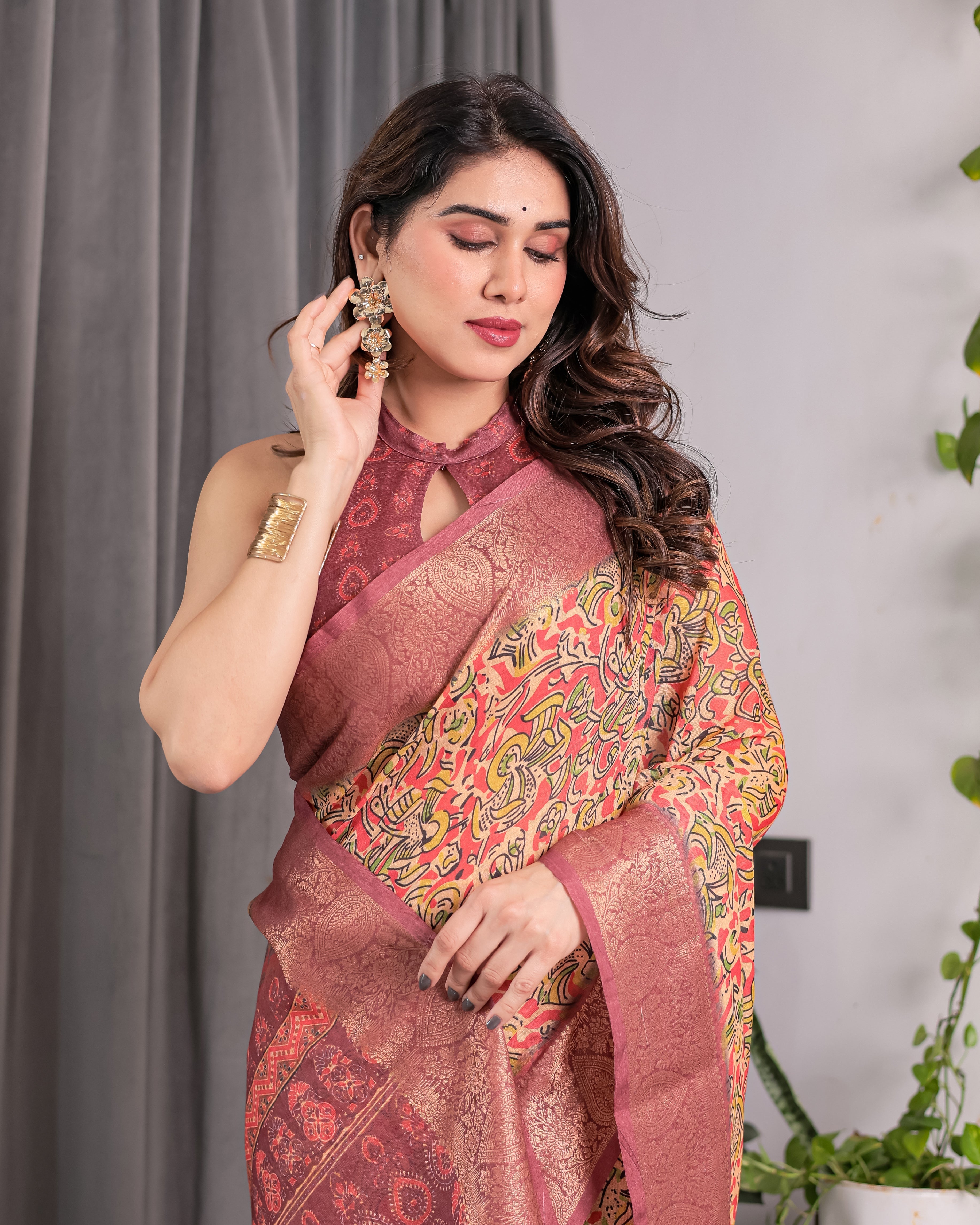 Multicolor Paisley Print Handloom Linen Saree with Traditional Rust Red Pallu & Gold Zari Border | Tassel Edging | Attached Blouse | 5.5m Saree + 0.8m Blouse