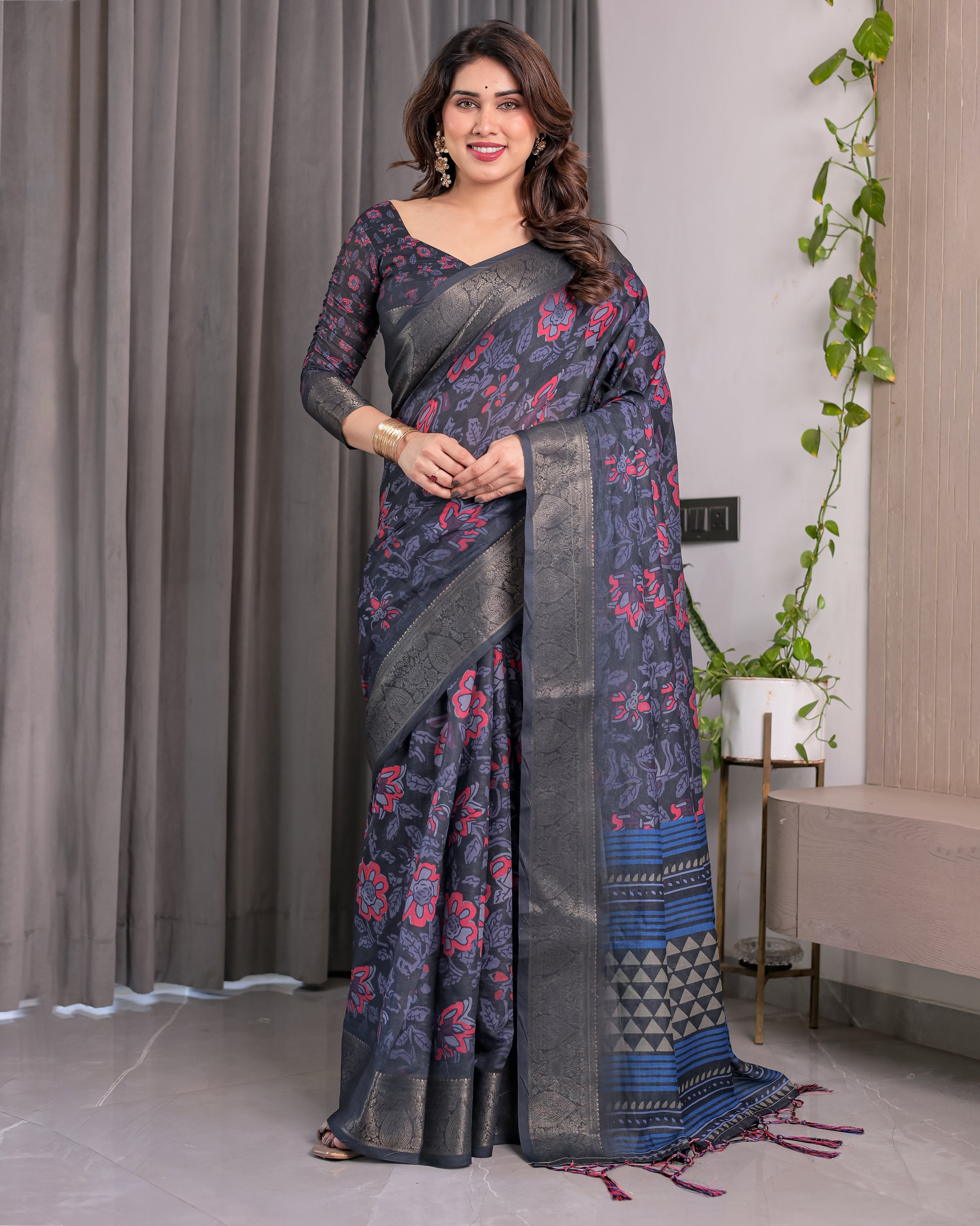 Navy Blue Handloom Linen Saree with Red Floral Print & Geometric Patterned Pallu | Antique Zari Border & Tassels | Attached Blouse | 5.5m Saree + 0.8m Blouse