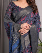 Navy Blue Handloom Linen Saree with Red Floral Print & Geometric Patterned Pallu | Antique Zari Border & Tassels | Attached Blouse | 5.5m Saree + 0.8m Blouse