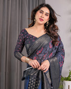 Navy Blue Handloom Linen Saree with Red Floral Print & Geometric Patterned Pallu | Antique Zari Border & Tassels | Attached Blouse | 5.5m Saree + 0.8m Blouse