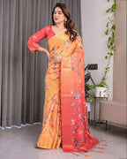 Sunset Orange Handloom Linen Saree with Bluebird & Floral Digital Print | Contrasting Red Pallu & Gold Zari Border | Tassel Detailing | Attached Blouse | 5.5m Saree + 0.8m Blouse