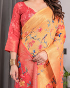Sunset Orange Handloom Linen Saree with Bluebird & Floral Digital Print | Contrasting Red Pallu & Gold Zari Border | Tassel Detailing | Attached Blouse | 5.5m Saree + 0.8m Blouse
