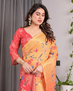 Sunset Orange Handloom Linen Saree with Bluebird & Floral Digital Print | Contrasting Red Pallu & Gold Zari Border | Tassel Detailing | Attached Blouse | 5.5m Saree + 0.8m Blouse