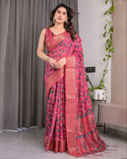Rani Pink Handloom Linen Saree with Floral Vine Print & Paisley Pallu | Gold Zari Border & Tassel Detailing | Attached Blouse | 5.5m Saree + 0.8m Blouse