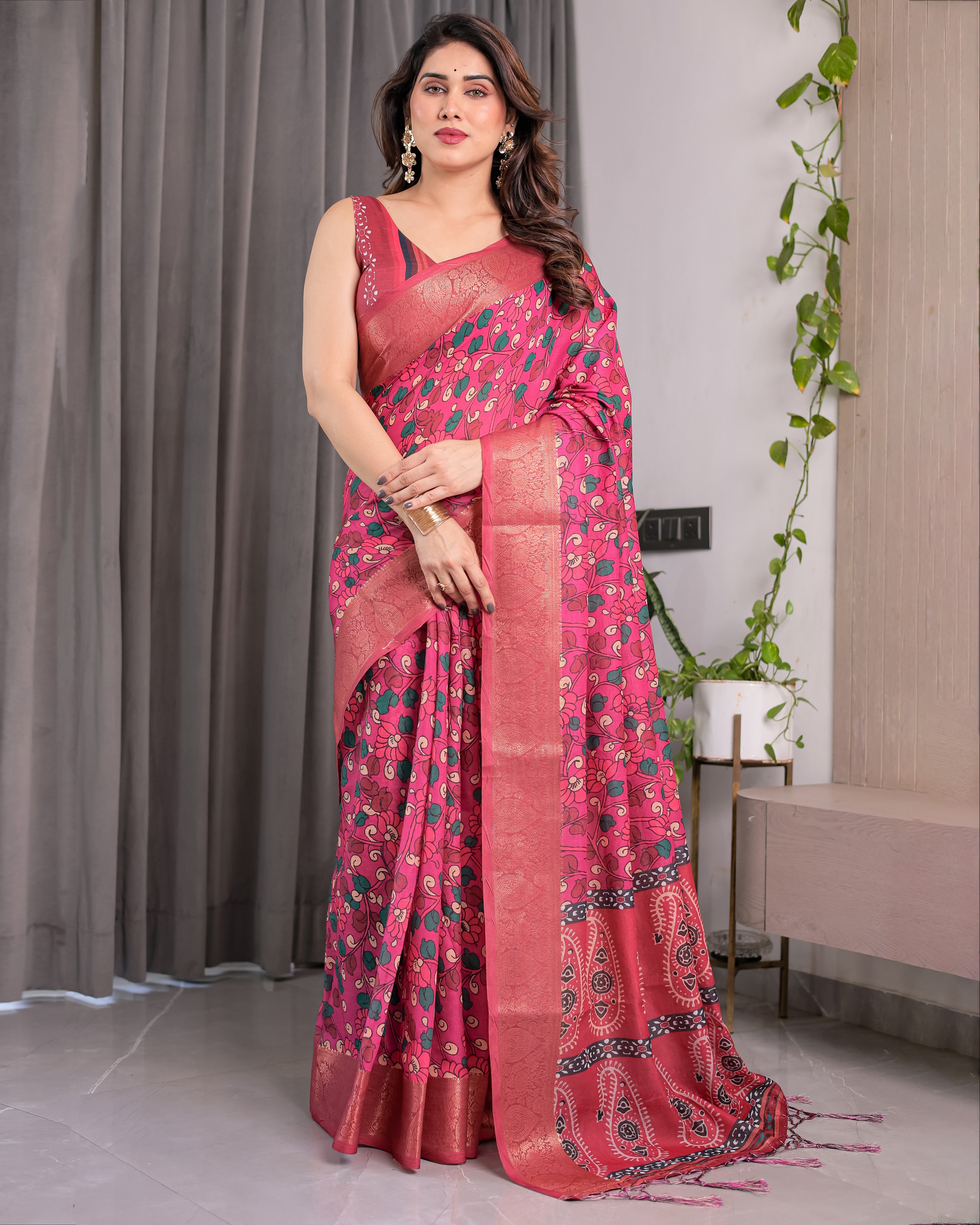 Rani Pink Handloom Linen Saree with Floral Vine Print & Paisley Pallu | Gold Zari Border & Tassel Detailing | Attached Blouse | 5.5m Saree + 0.8m Blouse
