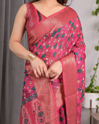 Rani Pink Handloom Linen Saree with Floral Vine Print & Paisley Pallu | Gold Zari Border & Tassel Detailing | Attached Blouse | 5.5m Saree + 0.8m Blouse